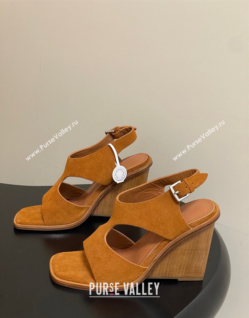 Hermes Kalya Wedge Sandals 10cm in Suede Brown 2025 (MD-251023171)