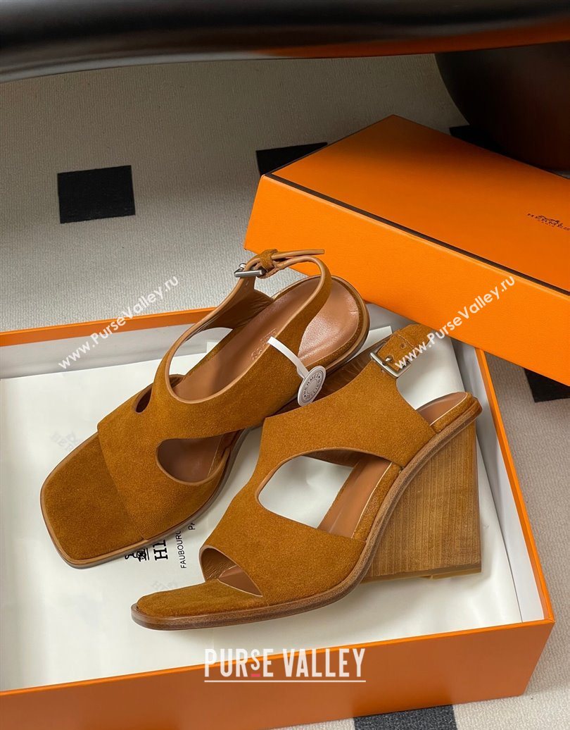 Hermes Kalya Wedge Sandals 10cm in Suede Brown 2025 (MD-251023171)