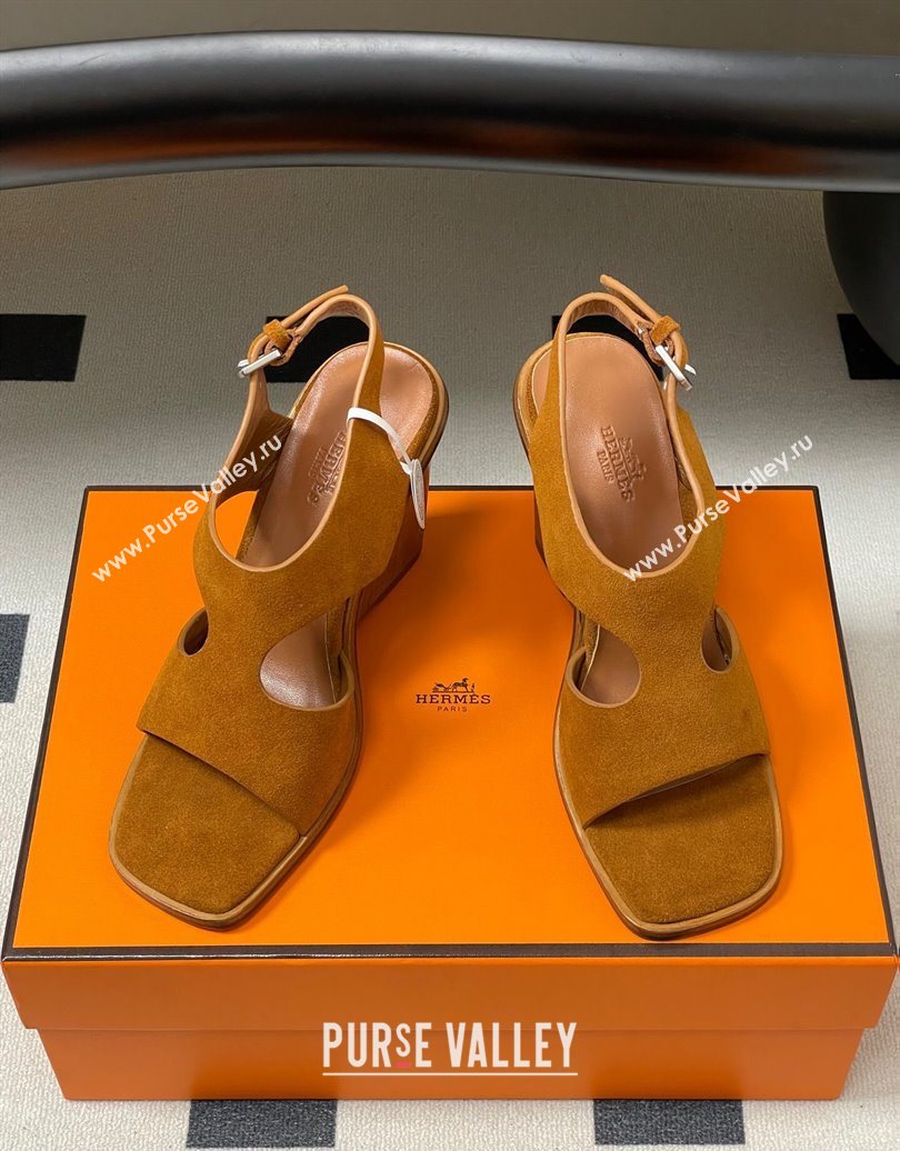 Hermes Kalya Wedge Sandals 10cm in Suede Brown 2025 (MD-251023171)