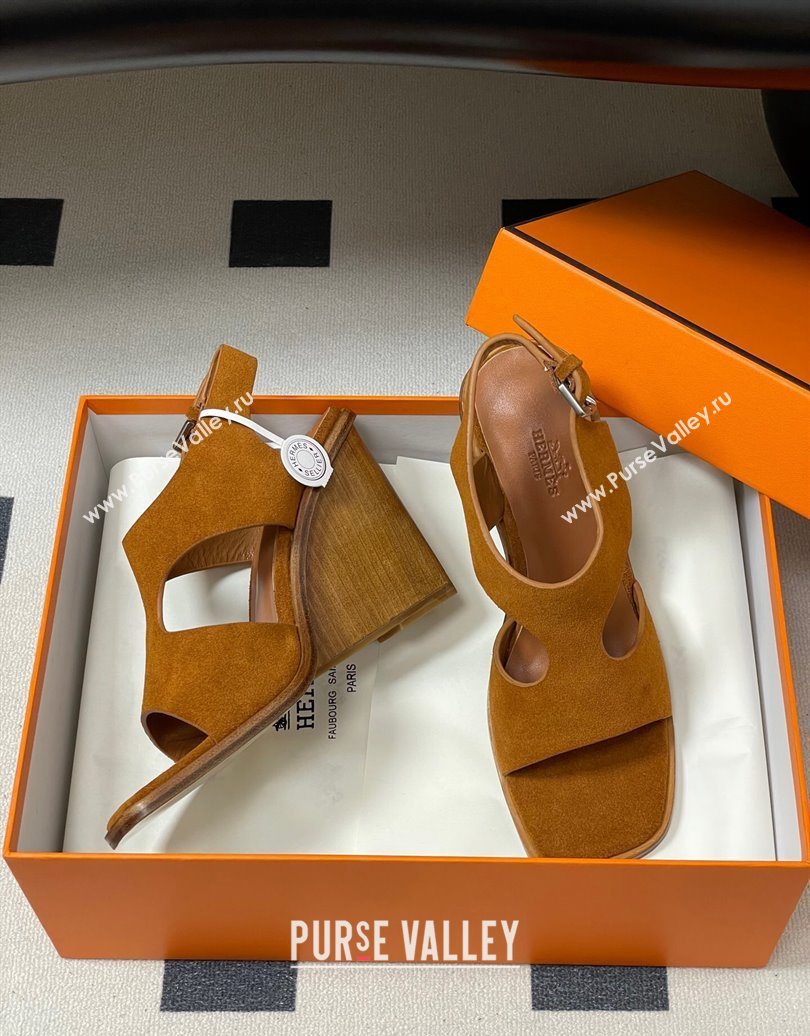 Hermes Kalya Wedge Sandals 10cm in Suede Brown 2025 (MD-251023171)
