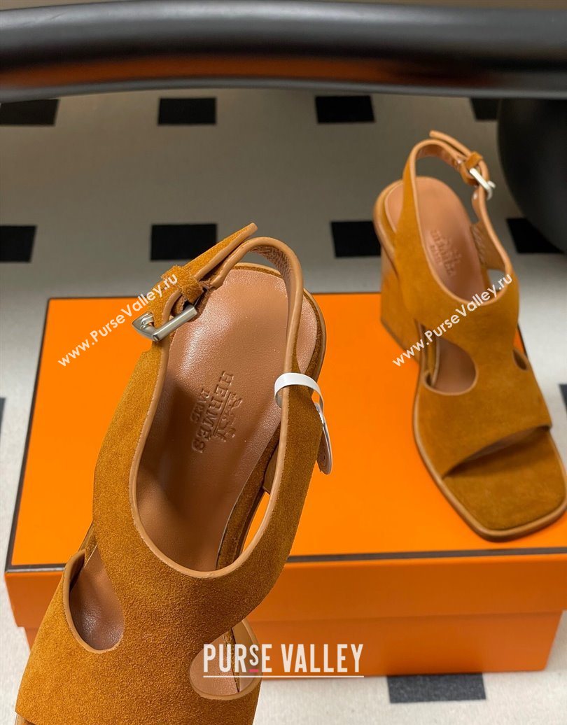 Hermes Kalya Wedge Sandals 10cm in Suede Brown 2025 (MD-251023171)