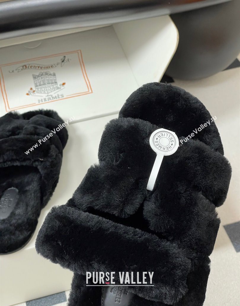 Hermes Chypre Flat Slides Sandal in Wool Black 2025 H102306 (MD-251023110)