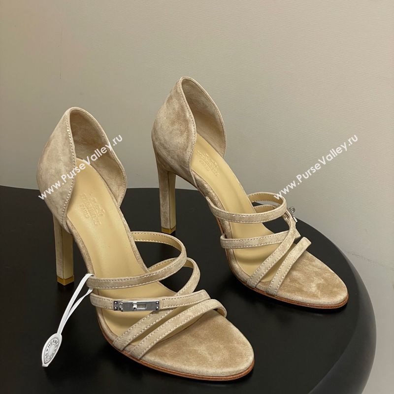 Hermes Lipstick Heel Sandals 10.5cm with Kelly Buckle in Suede Beige 2025 (MD-251023176)