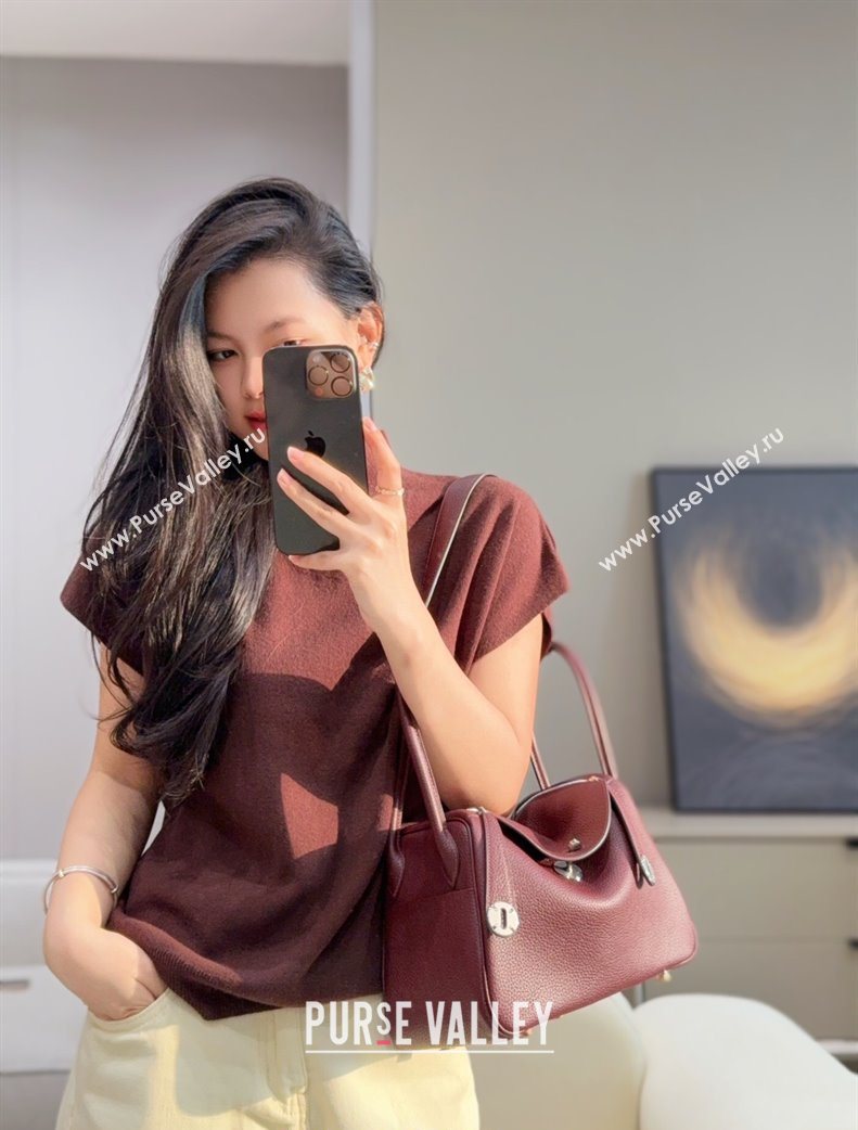 Hermes Lindy Bag 26cm in Clemence Leather Saddle Red/Silver 2025 (Half Handmade) (FLB-251125041)