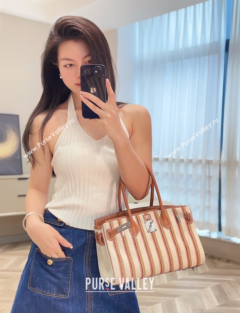 Hermes Mini Shoulder Birkin Bag 29cm in Canvas and Calfskin Leather Mocha Brown 2 2025 (Half Handmade) (FLB-251125032)