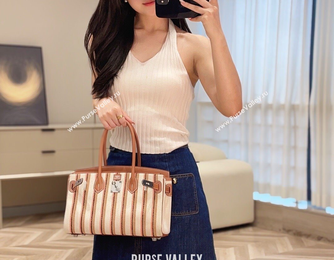 Hermes Mini Shoulder Birkin Bag 29cm in Canvas and Calfskin Leather Mocha Brown 2 2025 (Half Handmade) (FLB-251125032)