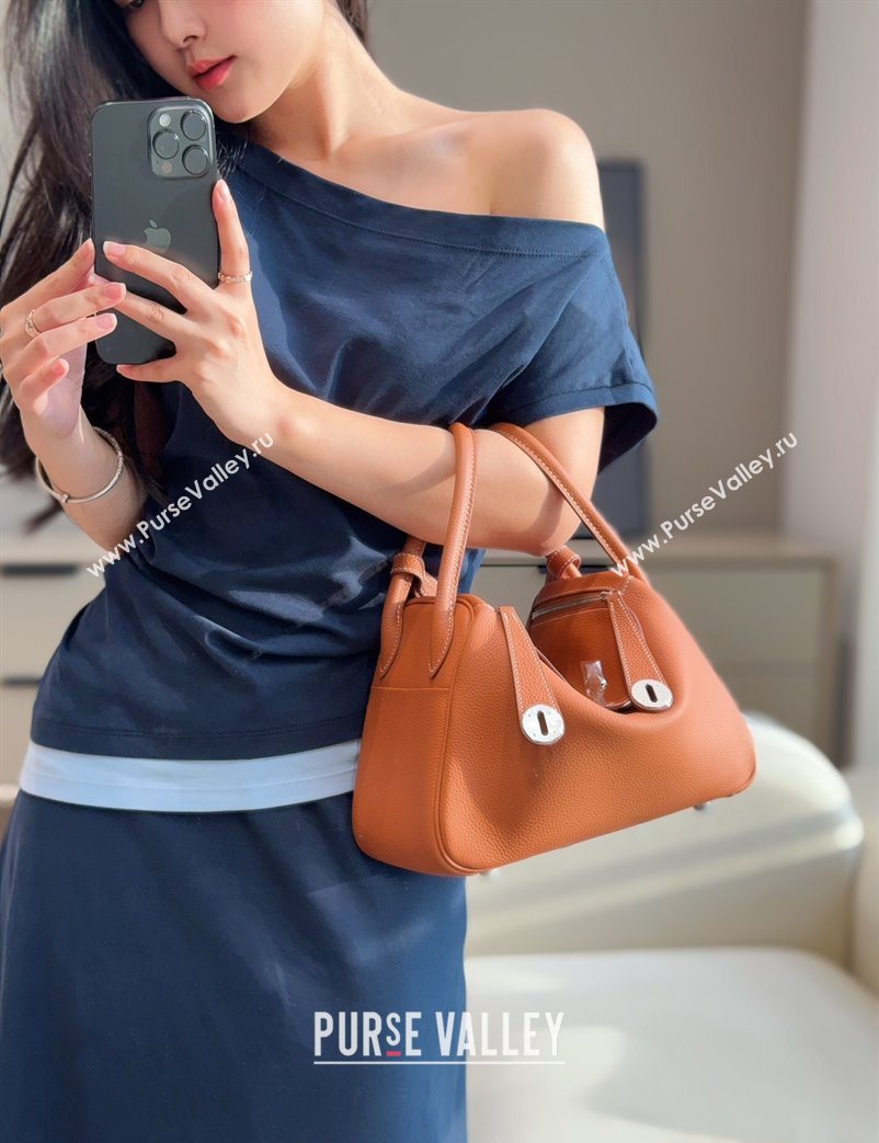 Hermes Lindy Bag 26cm in Clemence Leather Brown/Silver 2025 (Half Handmade) (FLB-251125045)