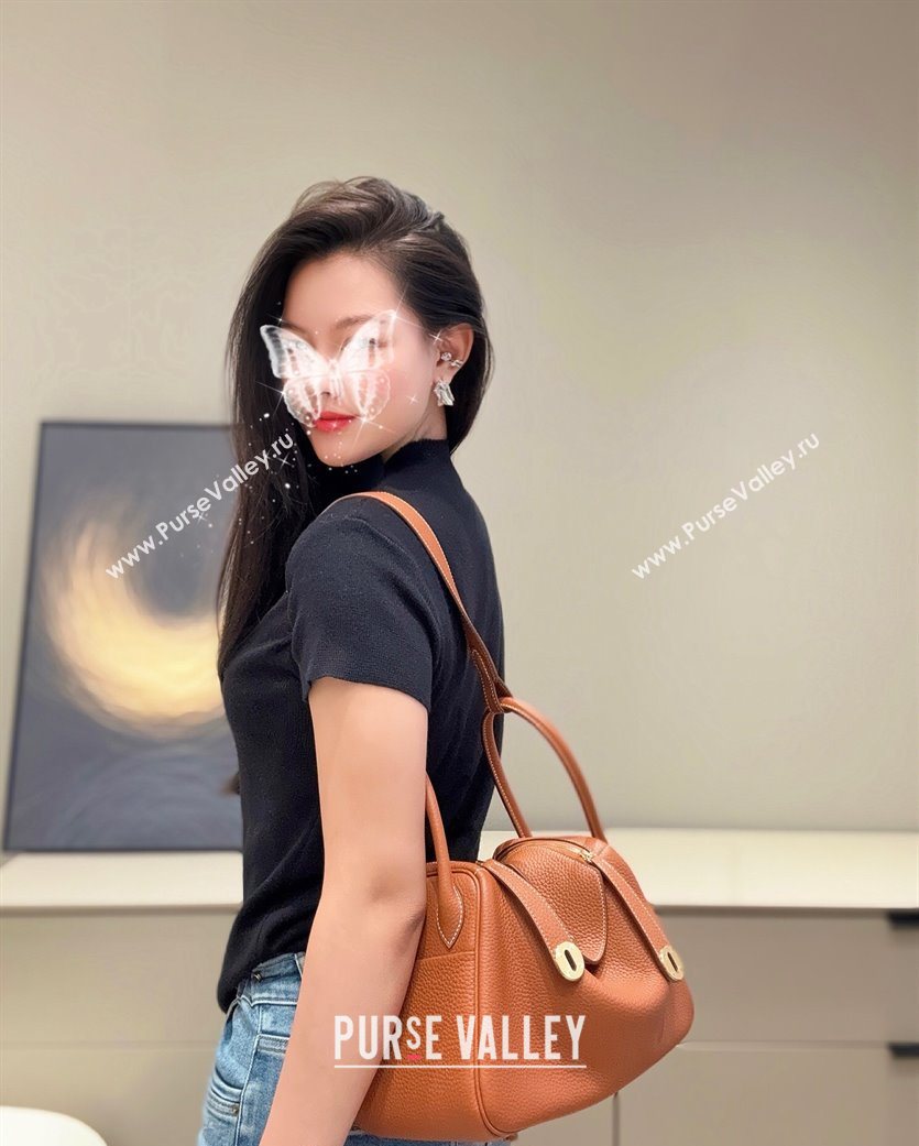 Hermes Lindy Bag 26cm in Clemence Leather Brown/Gold 2025 (Half Handmade) (FLB-251125046)