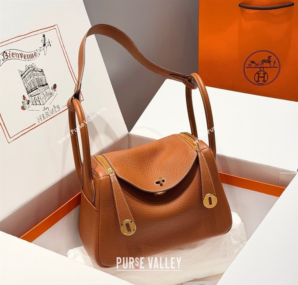 Hermes Lindy Bag 26cm in Clemence Leather Brown/Gold 2025 (Half Handmade) (FLB-251125046)
