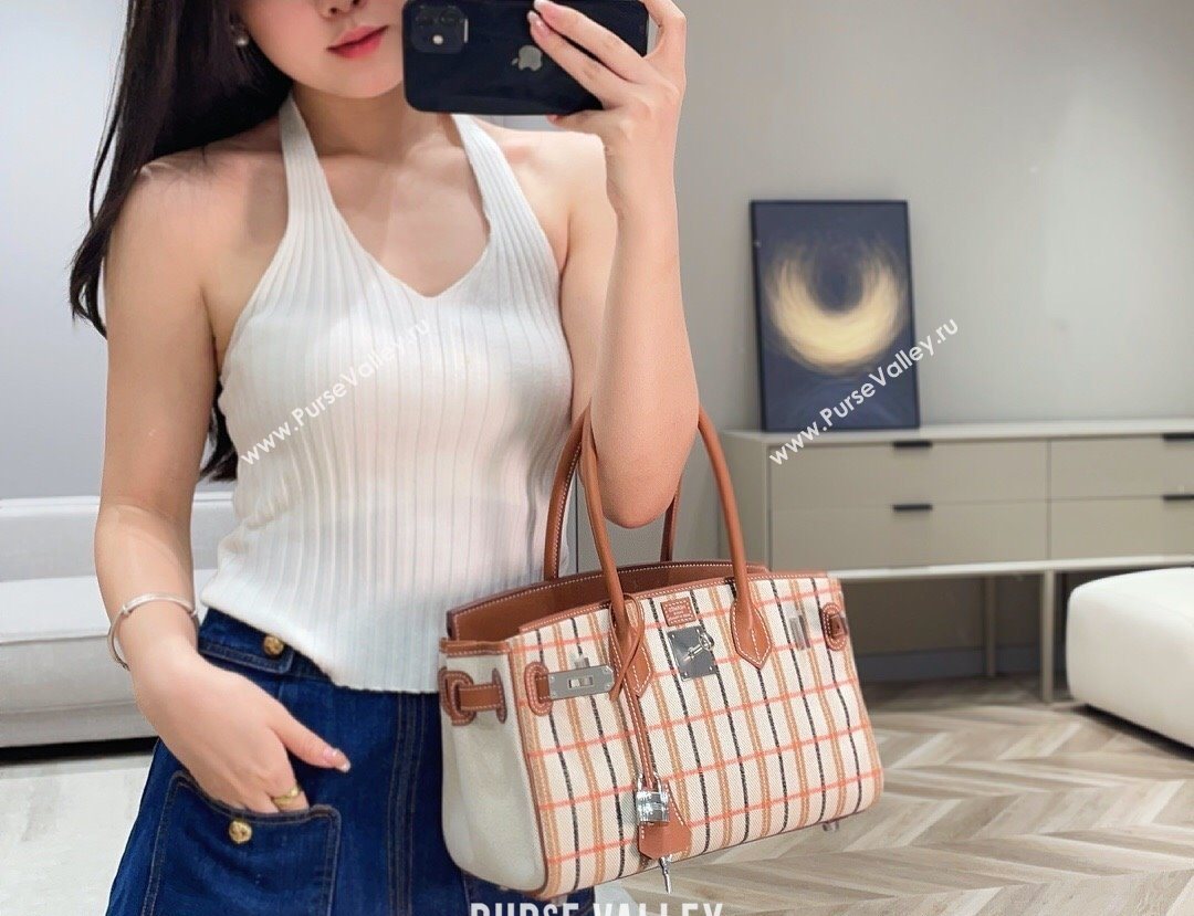 Hermes Mini Shoulder Birkin Bag 29cm in Canvas and Calfskin Leather Mocha Brown 1 2025 (Half Handmade) (FLB-251125031)