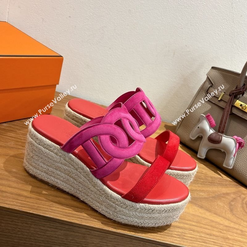 Hermes Lipari Wedge Slides Sandal in Suede Red/Pink 2025 1222 (MD-251222096)