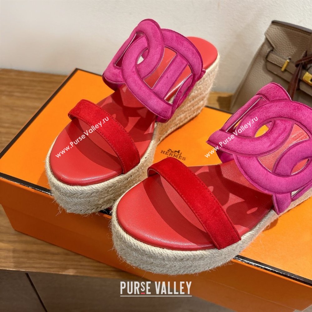 Hermes Lipari Wedge Slides Sandal in Suede Red/Pink 2025 1222 (MD-251222096)