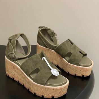 Hermes Luce Wedge Platform Sandals 7cm in Suede Green 2025 H252131 (MD-251220012)