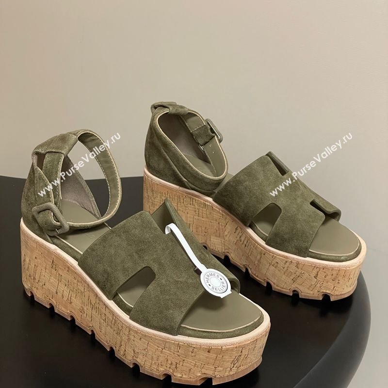 Hermes Luce Wedge Platform Sandals 7cm in Suede Green 2025 H252131 (MD-251220012)