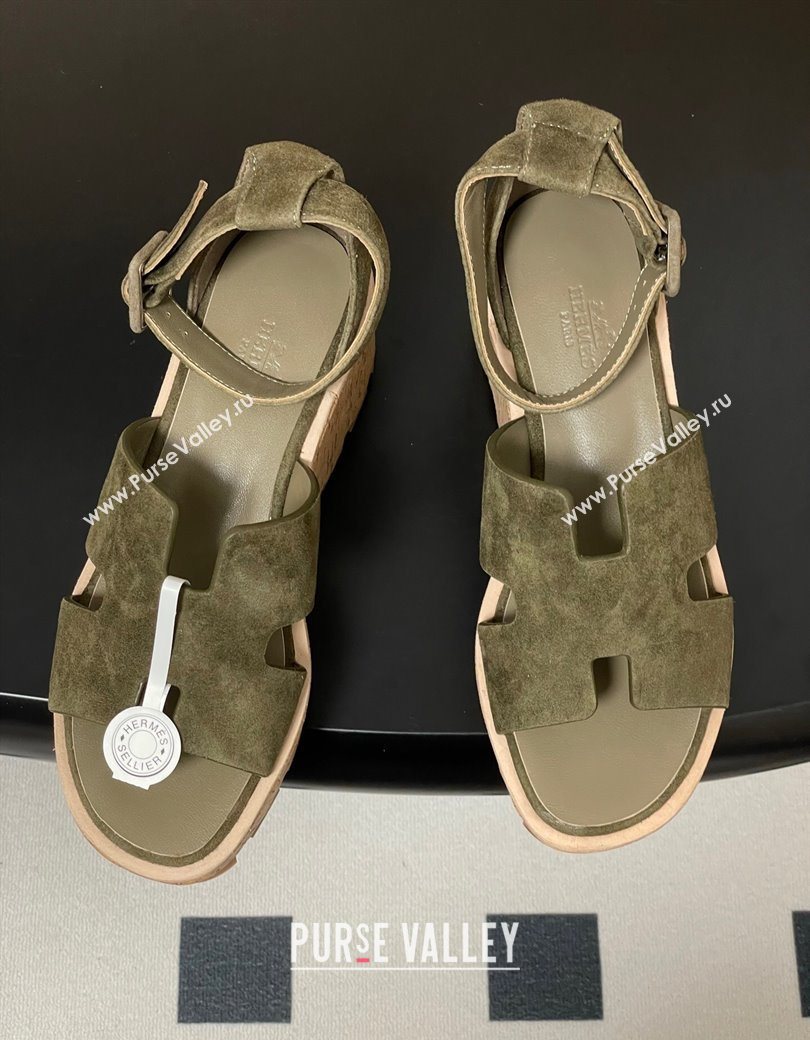 Hermes Luce Wedge Platform Sandals 7cm in Suede Green 2025 H252131 (MD-251220012)