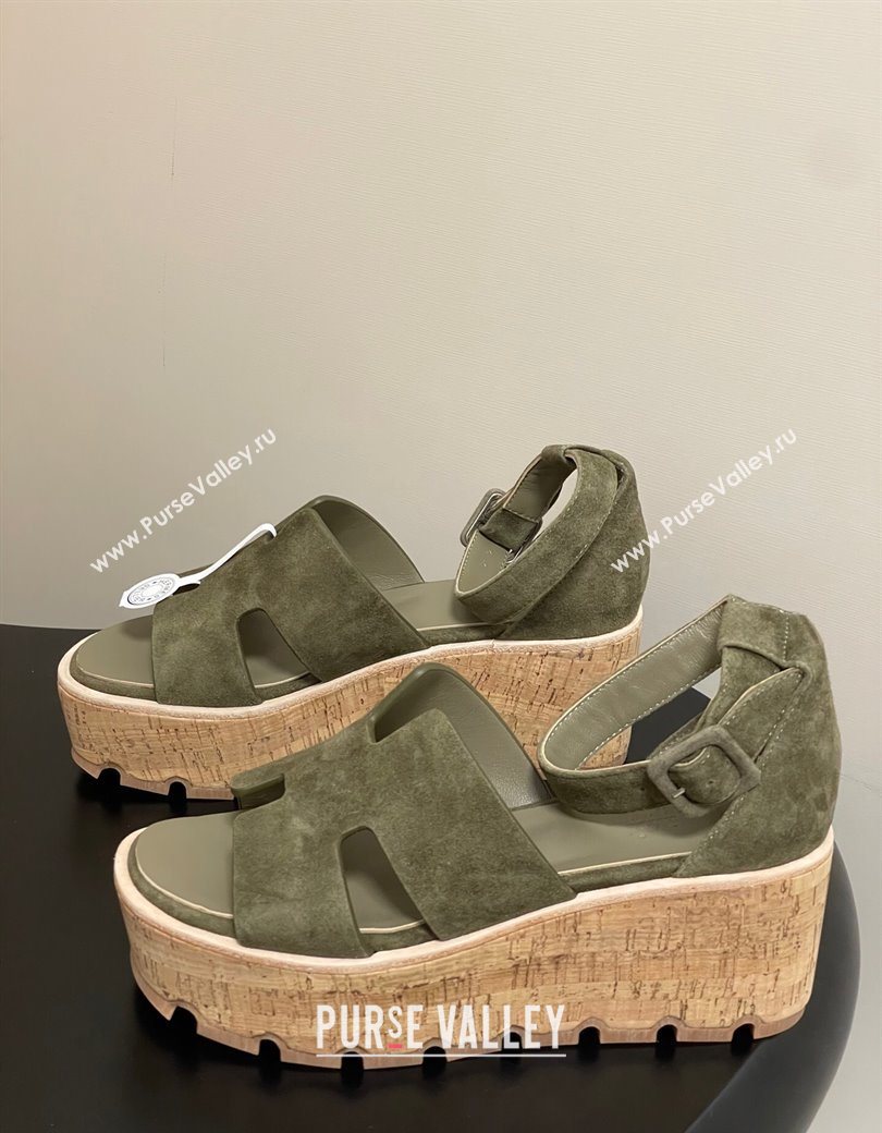 Hermes Luce Wedge Platform Sandals 7cm in Suede Green 2025 H252131 (MD-251220012)