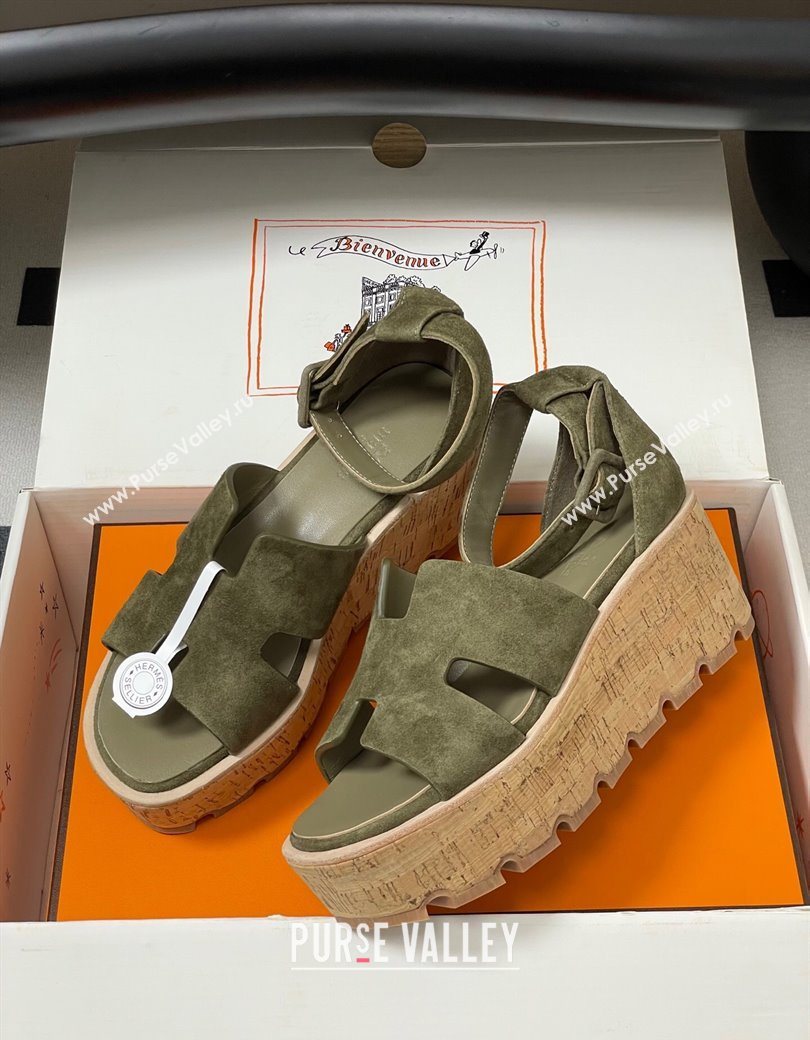 Hermes Luce Wedge Platform Sandals 7cm in Suede Green 2025 H252131 (MD-251220012)
