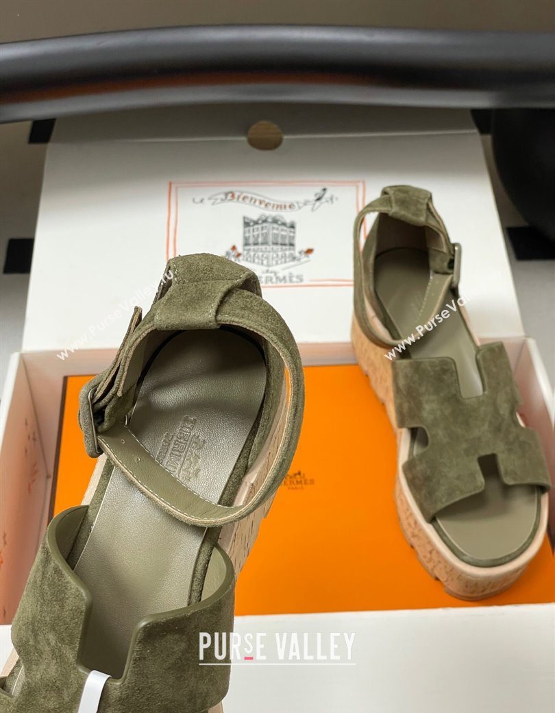 Hermes Luce Wedge Platform Sandals 7cm in Suede Green 2025 H252131 (MD-251220012)