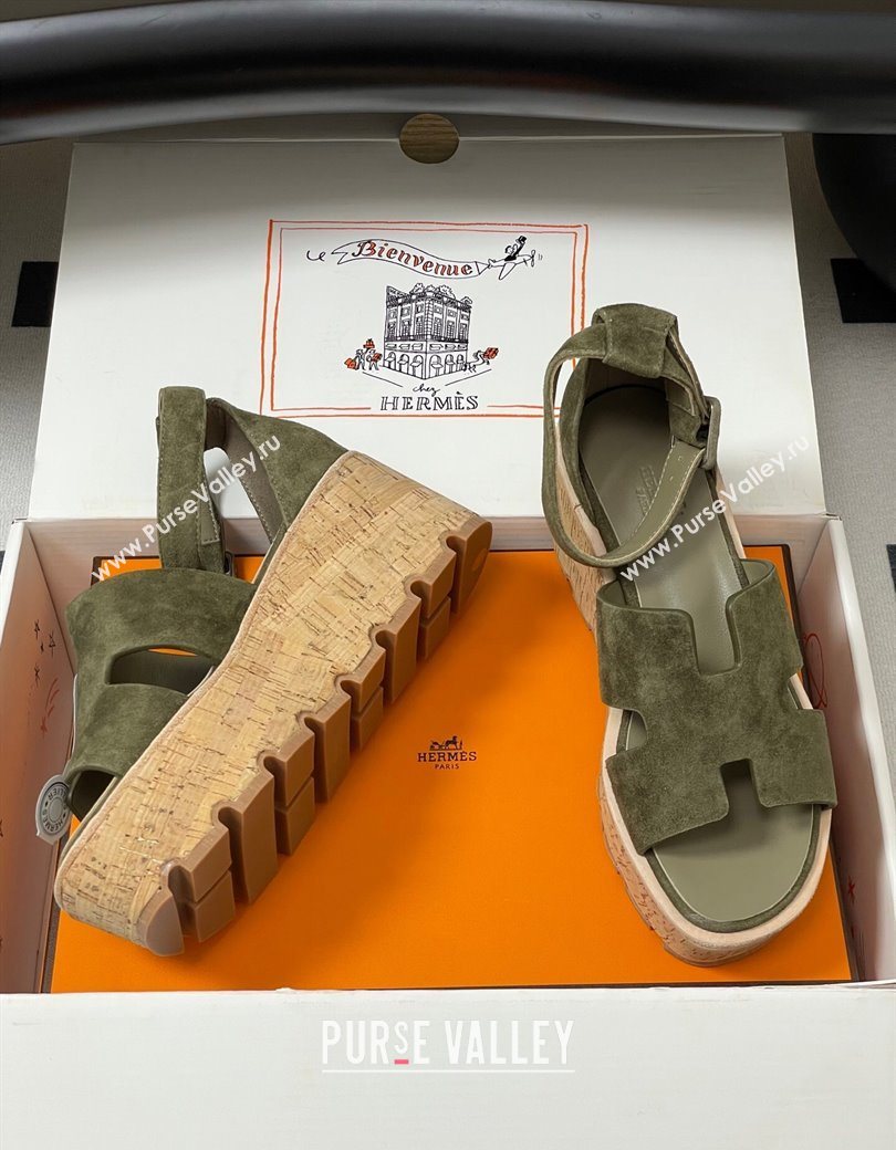 Hermes Luce Wedge Platform Sandals 7cm in Suede Green 2025 H252131 (MD-251220012)