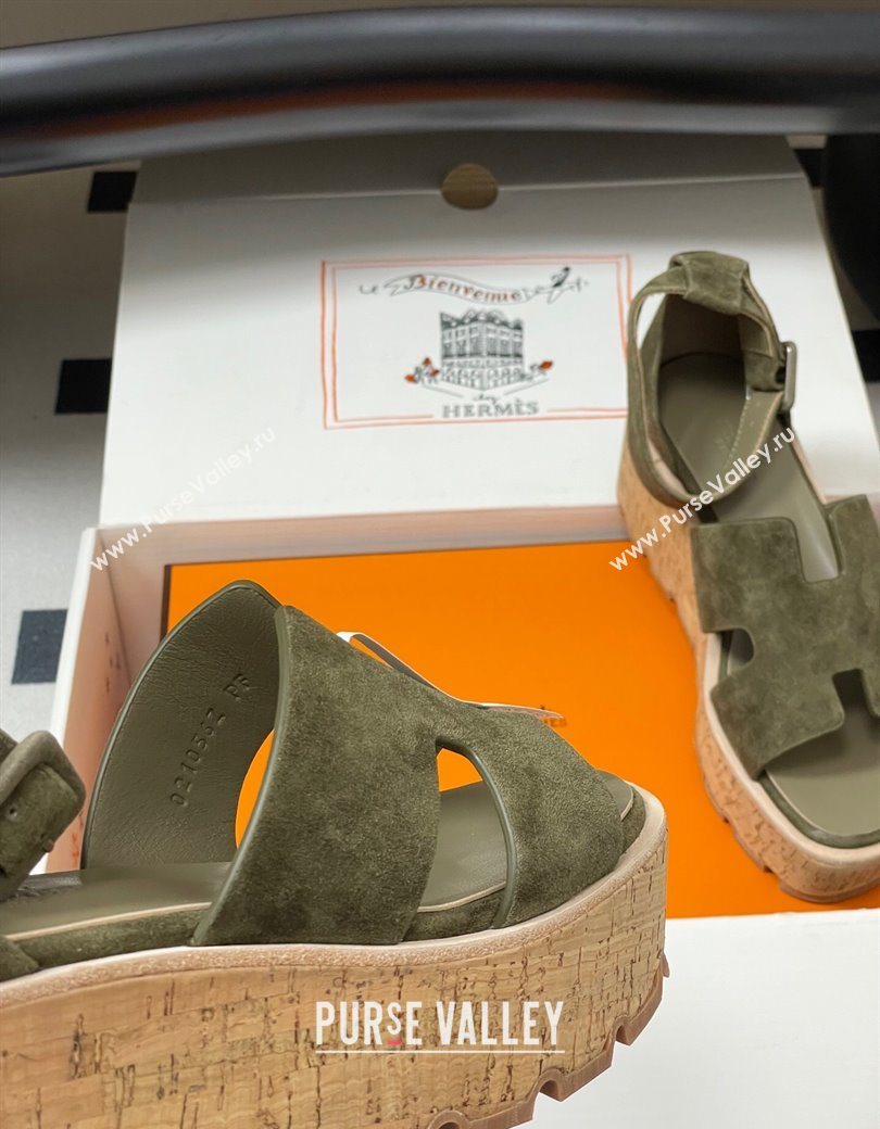 Hermes Luce Wedge Platform Sandals 7cm in Suede Green 2025 H252131 (MD-251220012)