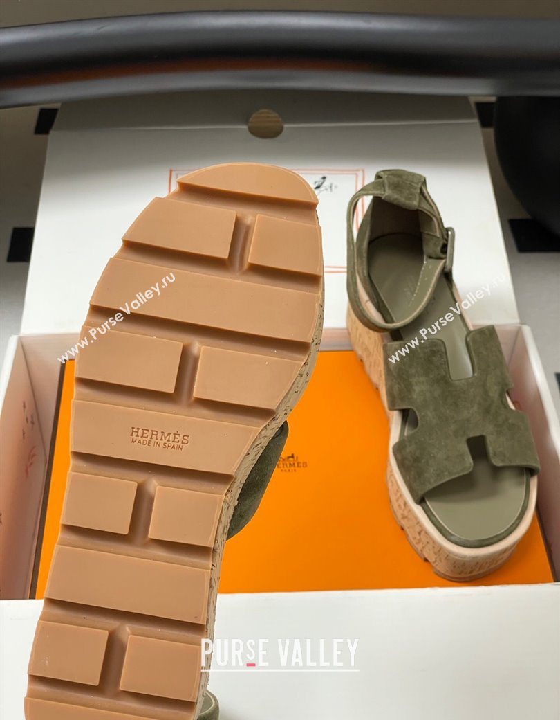 Hermes Luce Wedge Platform Sandals 7cm in Suede Green 2025 H252131 (MD-251220012)