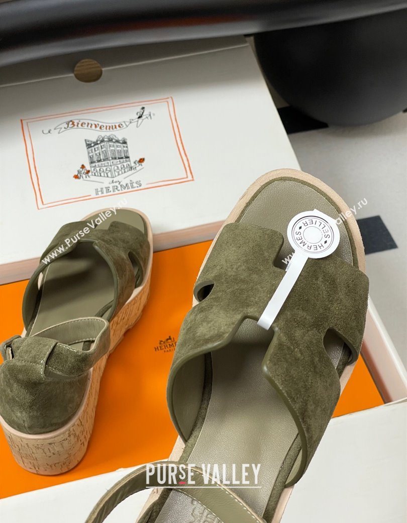 Hermes Luce Wedge Platform Sandals 7cm in Suede Green 2025 H252131 (MD-251220012)