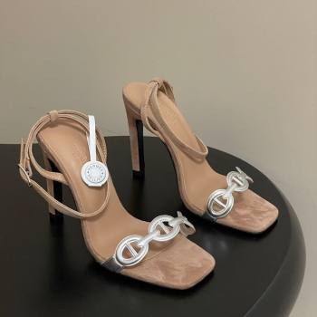 Hermes Luz Heel Sandals 10.5cm in Suede with Silver-Tone Strap Taupe 2025 (MD-251220002)
