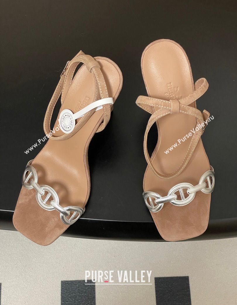 Hermes Luz Heel Sandals 10.5cm in Suede with Silver-Tone Strap Taupe 2025 (MD-251220002)