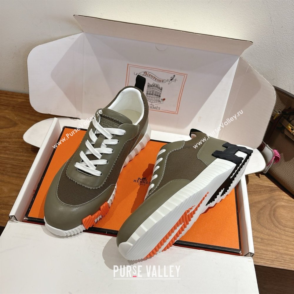 Hermes Bouncing Sneakers in Fabric and Leather Khaki Green 2025 1222 (MD-251222036)