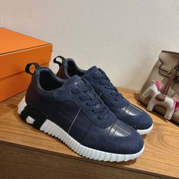 Hermes Bouncing Sneakers in Embroidered Leather and Suede Dark Blue 2025 1222 (MD-251222042)
