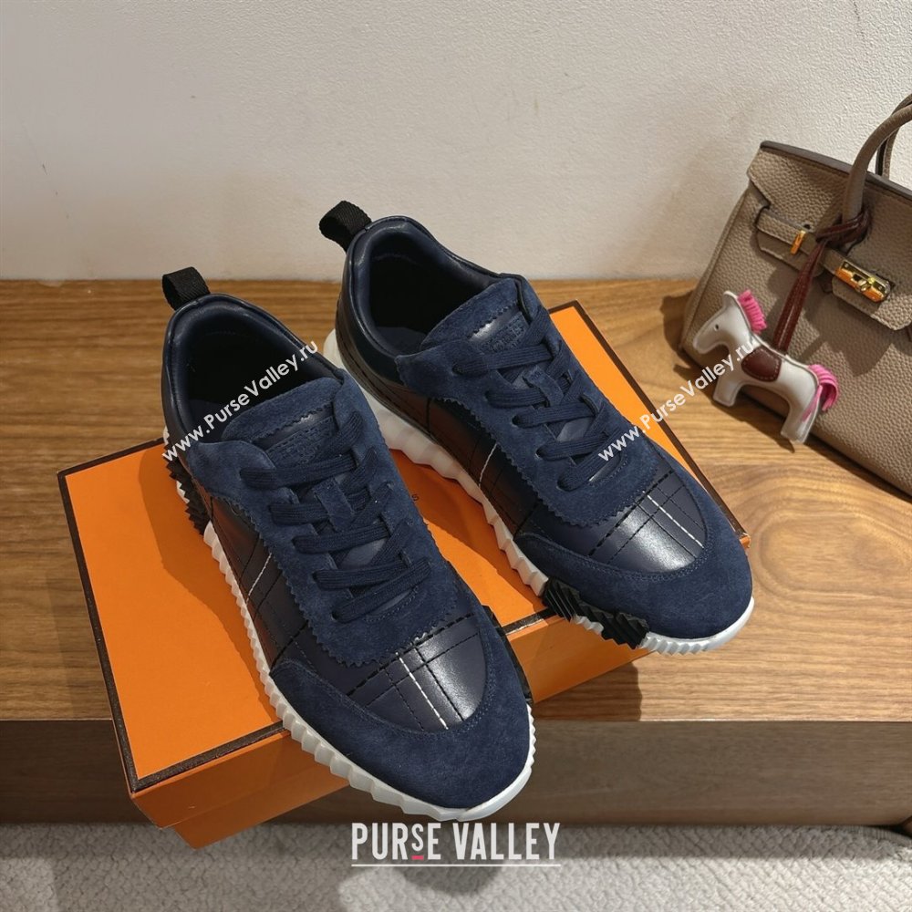 Hermes Bouncing Sneakers in Embroidered Leather and Suede Dark Blue 2025 1222 (MD-251222042)