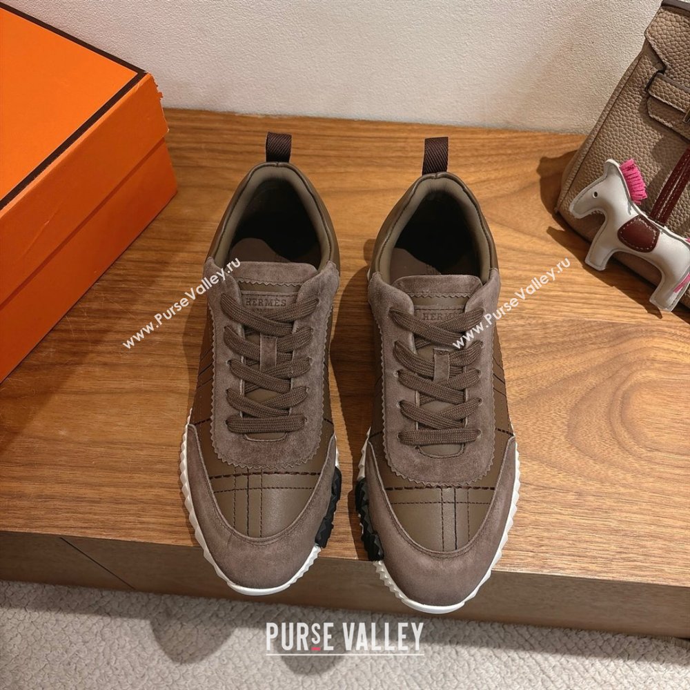 Hermes Bouncing Sneakers in Embroidered Leather and Suede Dark Brown 2025 1222 (MD-251222043)