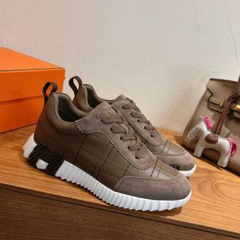 Hermes Bouncing Sneakers in Embroidered Leather and Suede Dark Brown 2025 1222 (MD-251222043)