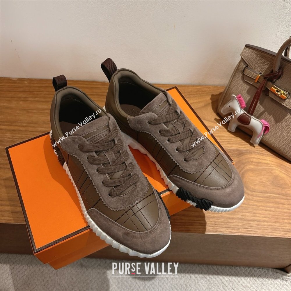 Hermes Bouncing Sneakers in Embroidered Leather and Suede Dark Brown 2025 1222 (MD-251222043)