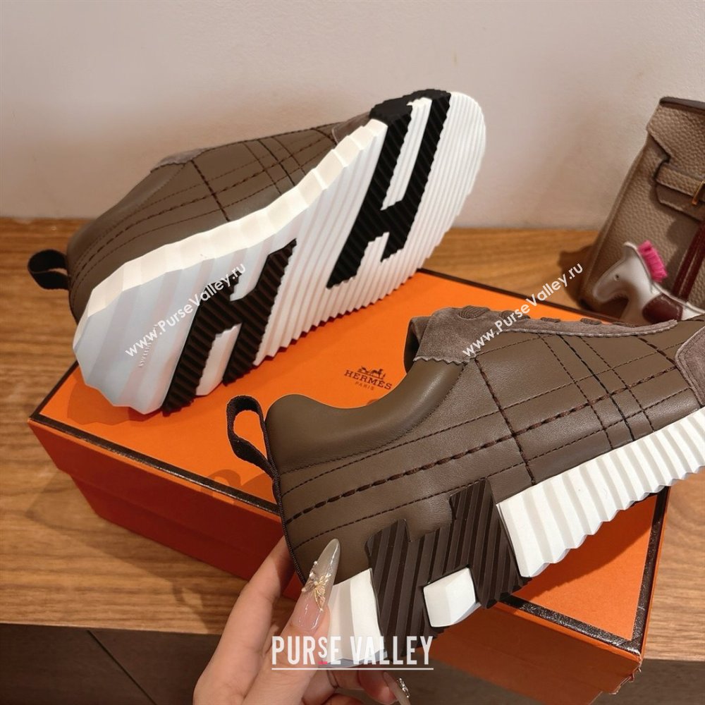 Hermes Bouncing Sneakers in Embroidered Leather and Suede Dark Brown 2025 1222 (MD-251222043)
