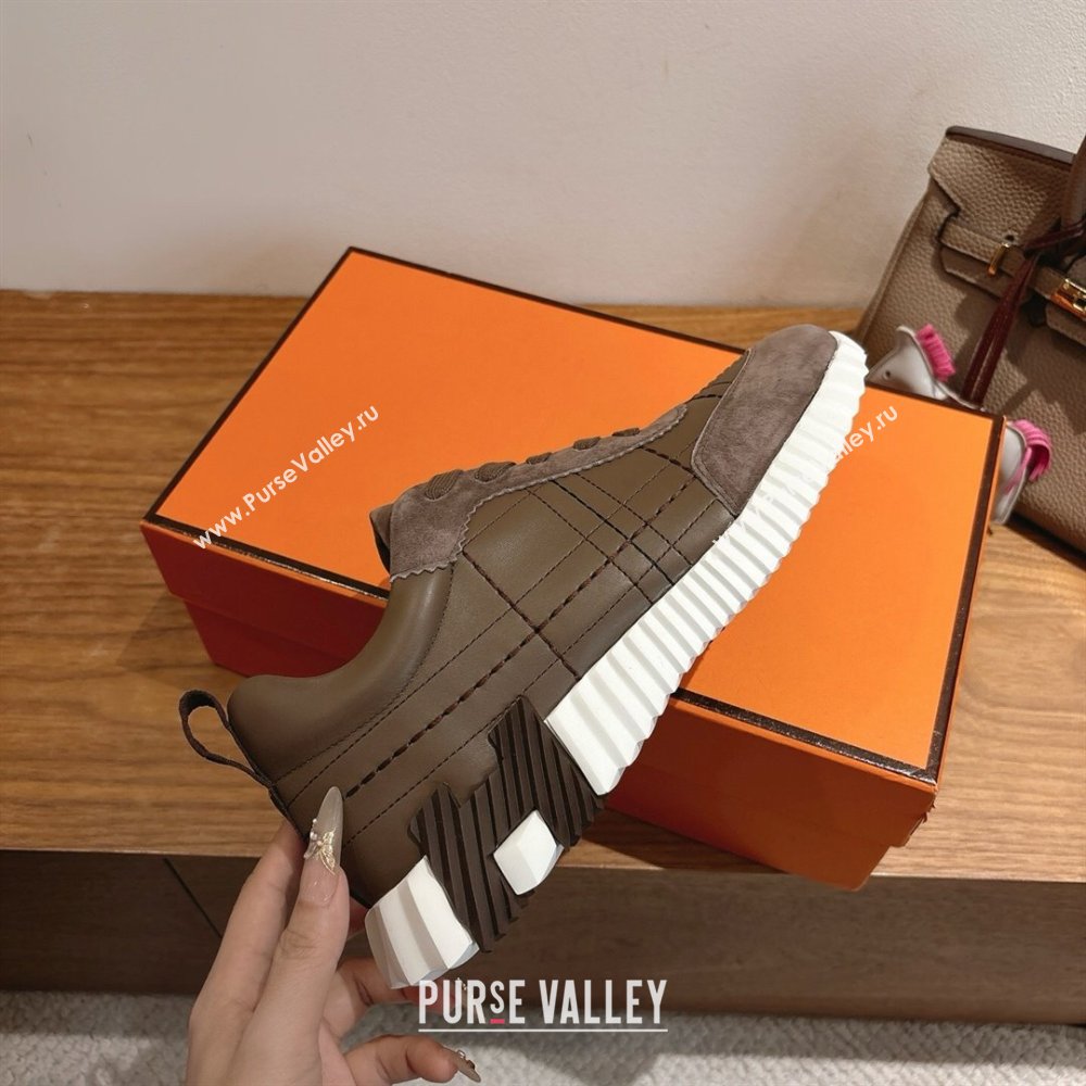 Hermes Bouncing Sneakers in Embroidered Leather and Suede Dark Brown 2025 1222 (MD-251222043)