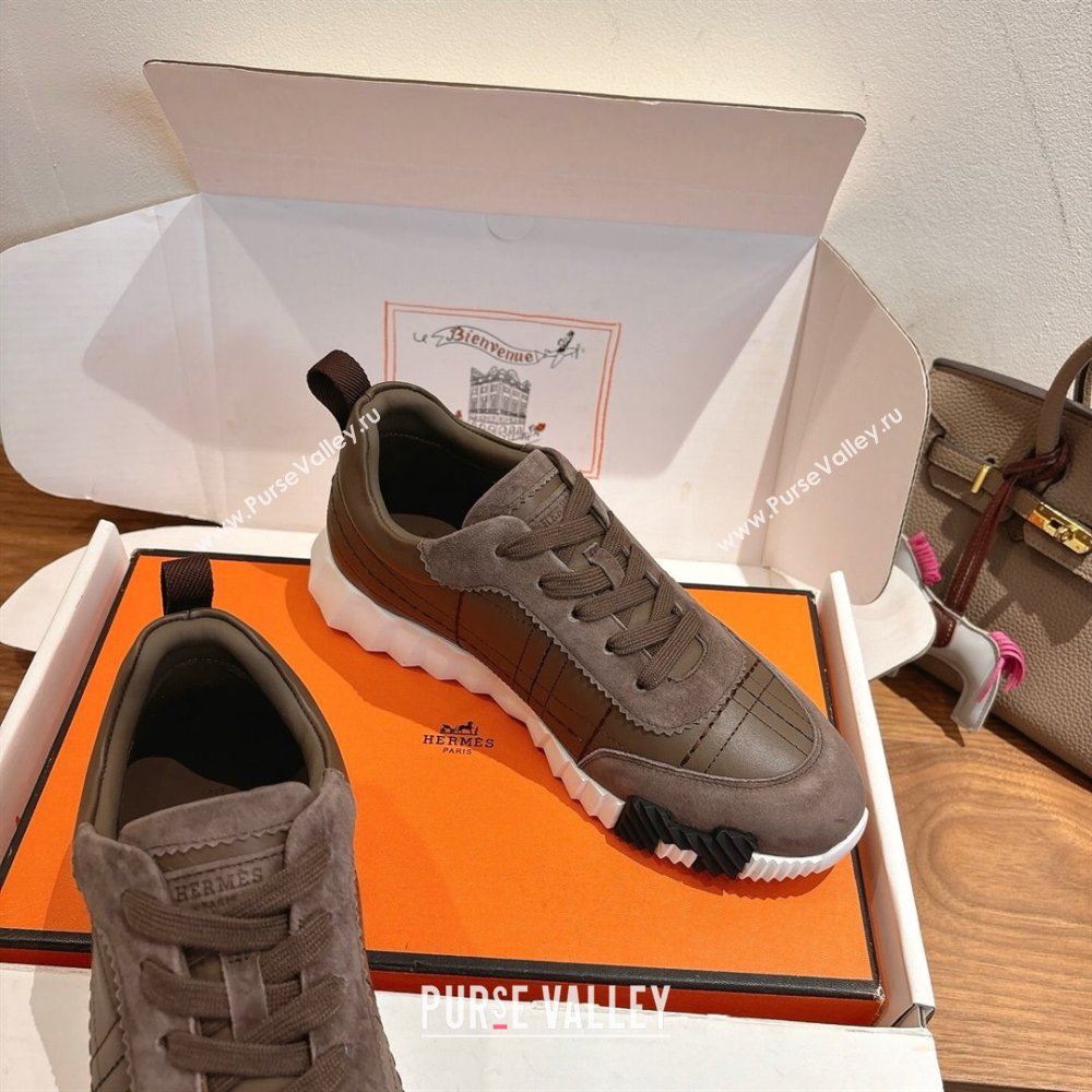 Hermes Bouncing Sneakers in Embroidered Leather and Suede Dark Brown 2025 1222 (MD-251222043)