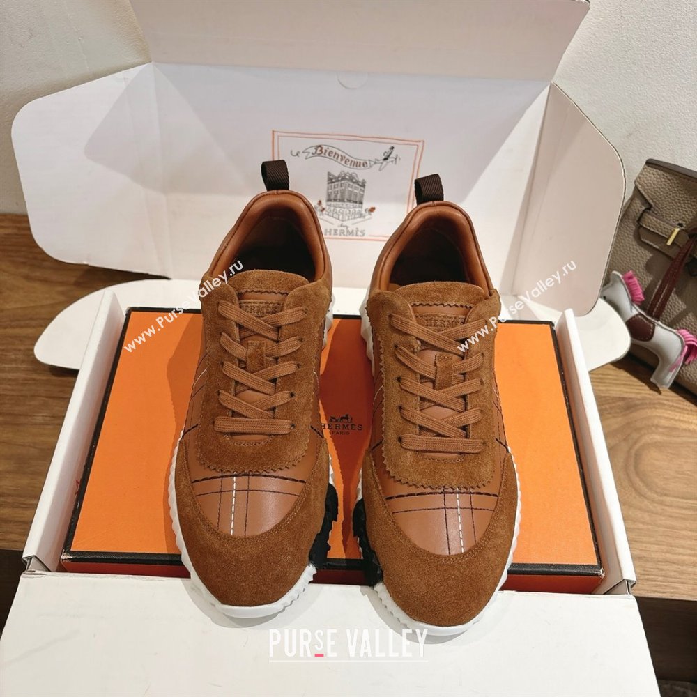 Hermes Bouncing Sneakers in Embroidered Leather and Suede Tan Brown 2025 1222 (MD-251222044)