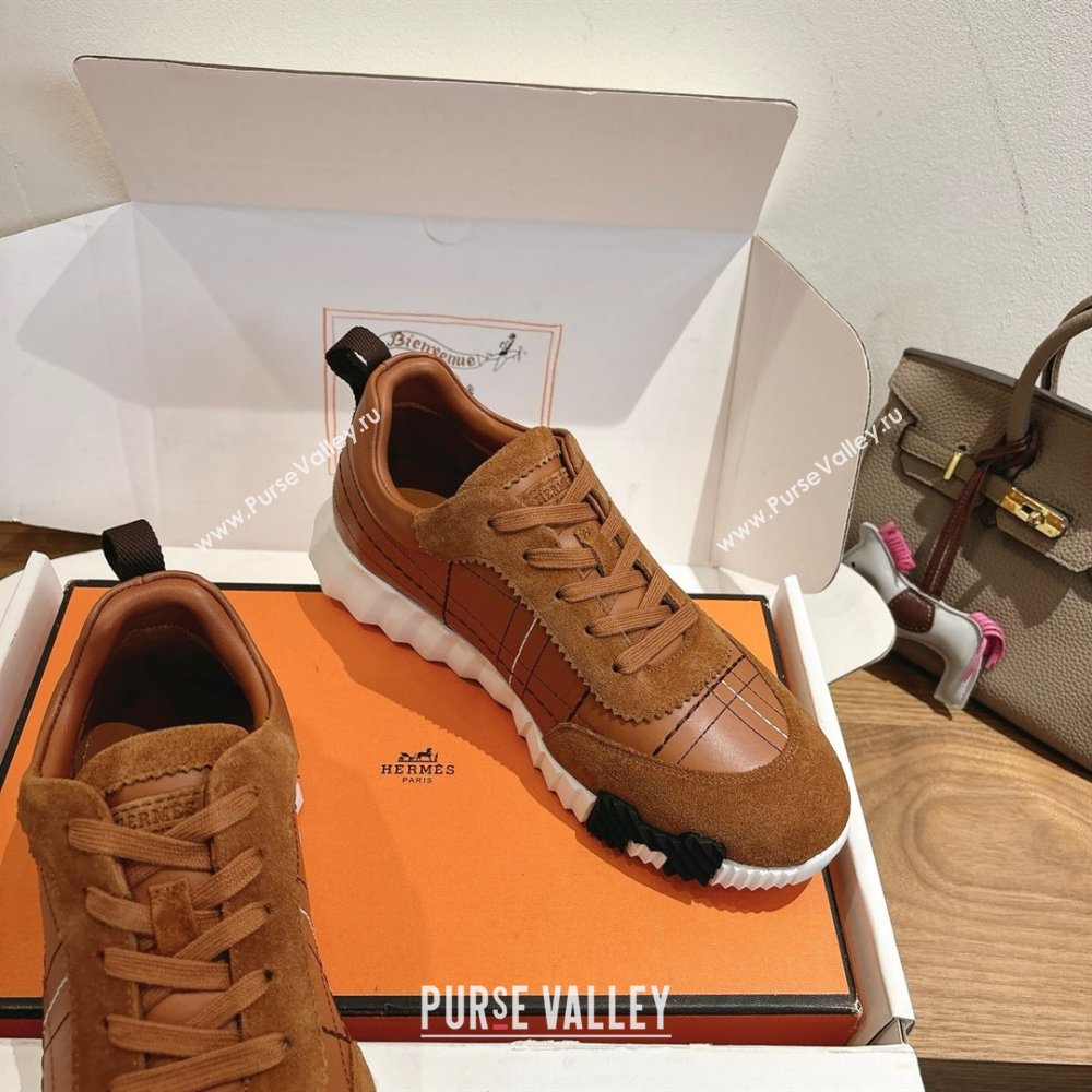 Hermes Bouncing Sneakers in Embroidered Leather and Suede Tan Brown 2025 1222 (MD-251222044)
