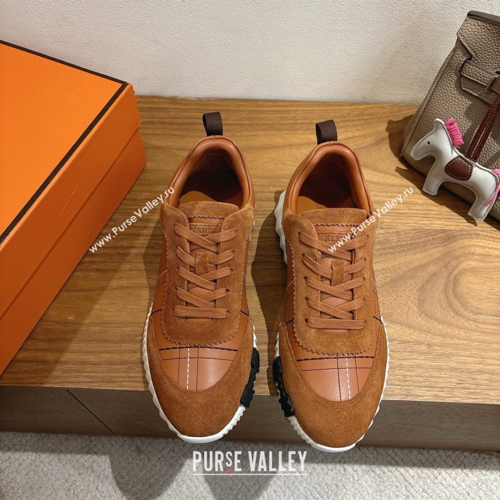 Hermes Bouncing Sneakers in Embroidered Leather and Suede Tan Brown 2025 1222 (MD-251222044)