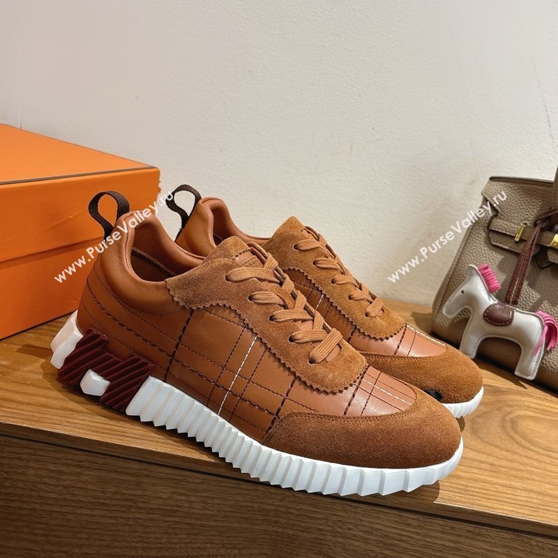 Hermes Bouncing Sneakers in Embroidered Leather and Suede Tan Brown 2025 1222 (MD-251222044)