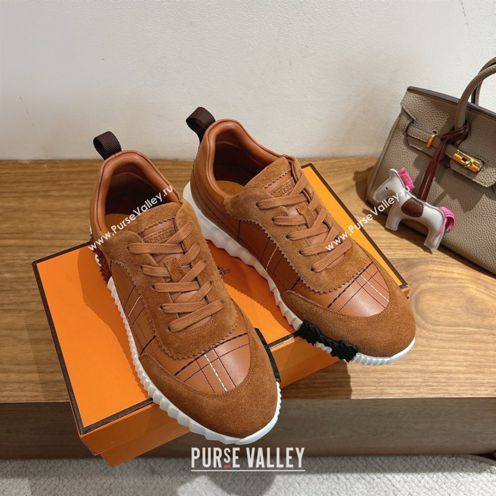 Hermes Bouncing Sneakers in Embroidered Leather and Suede Tan Brown 2025 1222 (MD-251222044)