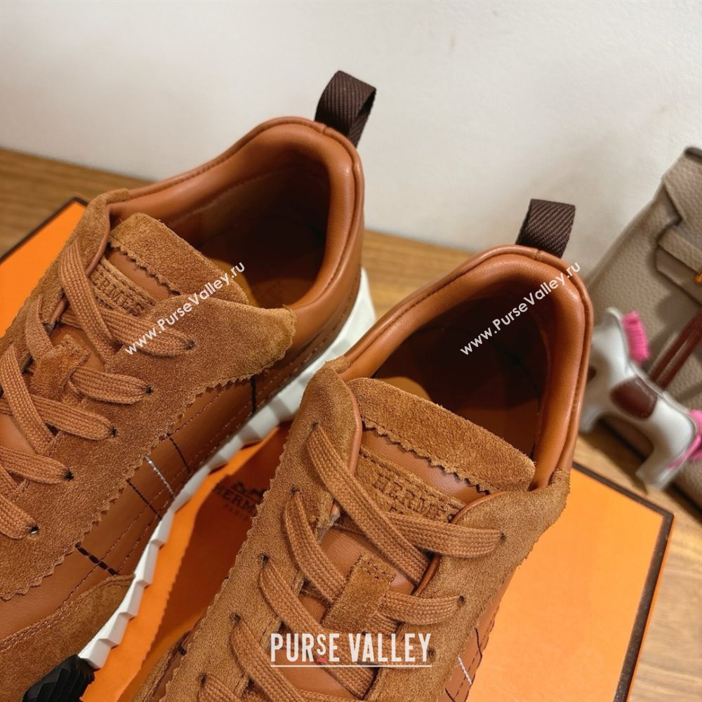 Hermes Bouncing Sneakers in Embroidered Leather and Suede Tan Brown 2025 1222 (MD-251222044)