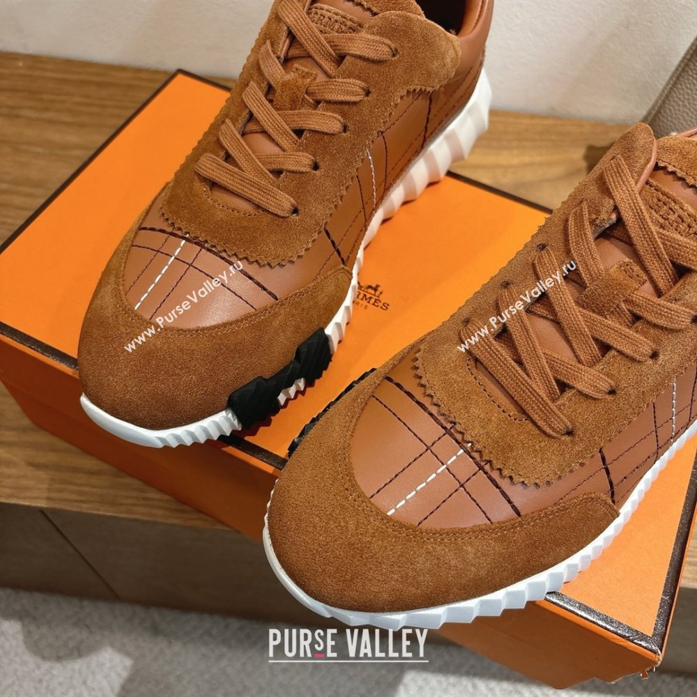 Hermes Bouncing Sneakers in Embroidered Leather and Suede Tan Brown 2025 1222 (MD-251222044)