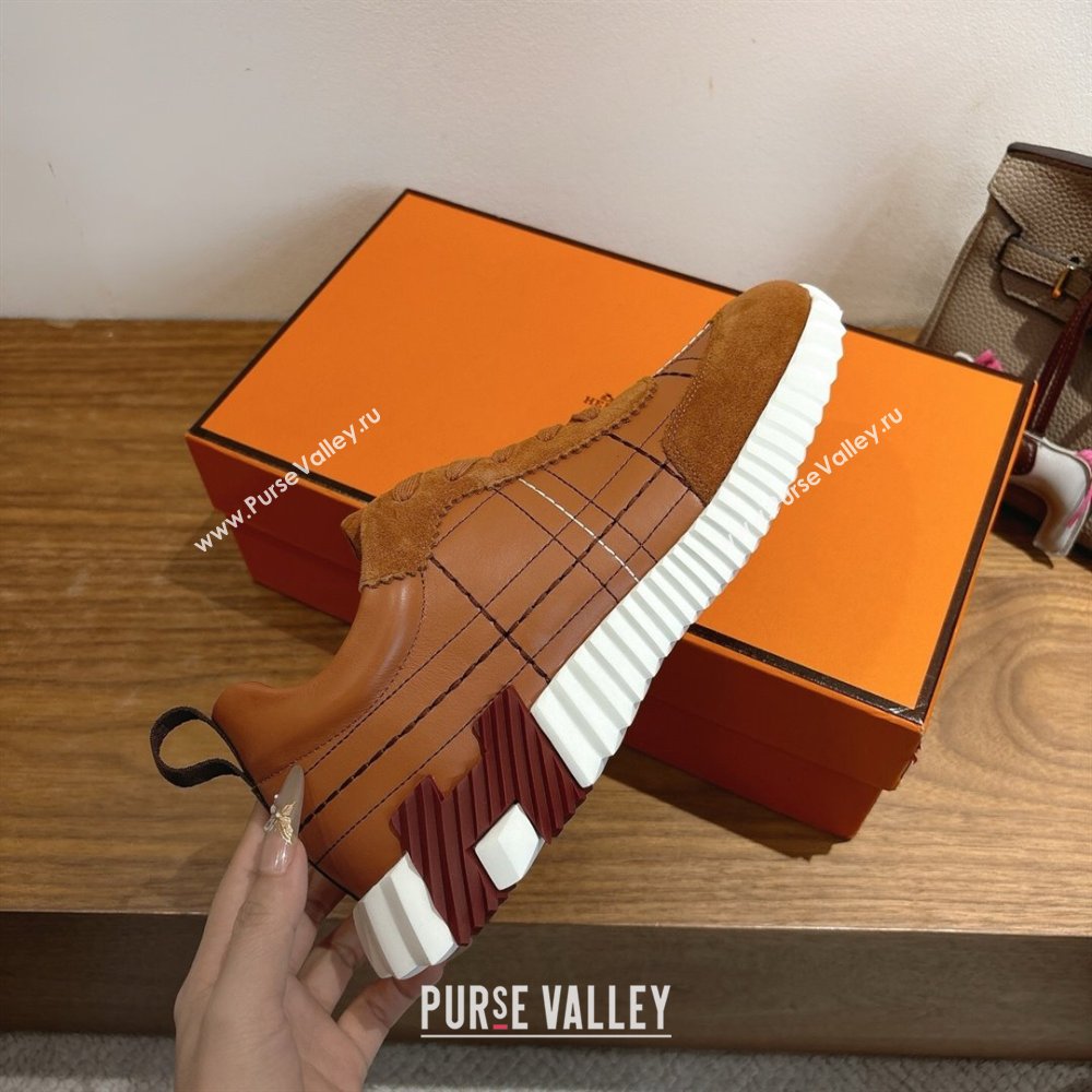 Hermes Bouncing Sneakers in Embroidered Leather and Suede Tan Brown 2025 1222 (MD-251222044)