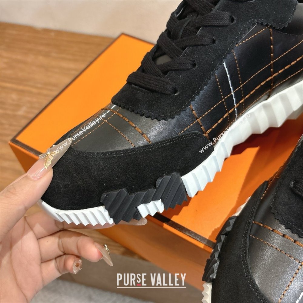 Hermes Bouncing Sneakers in Embroidered Leather and Suede Black 2025 1222 (MD-251222046)