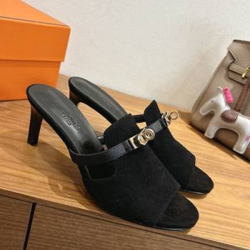 Hermes Kelly Strap Medium Heel Slides Sandal in Suede Black 2025 HS122201 (XC-251222099)