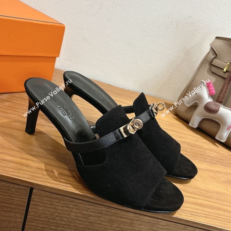 Hermes Kelly Strap Medium Heel Slides Sandal in Suede Black 2025 HS122201 (XC-251222099)