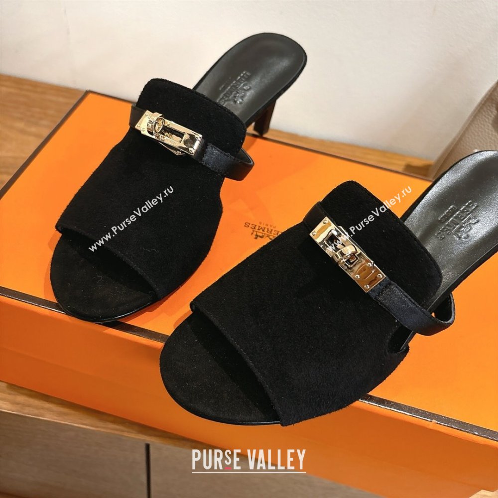 Hermes Kelly Strap Medium Heel Slides Sandal in Suede Black 2025 HS122201 (XC-251222099)