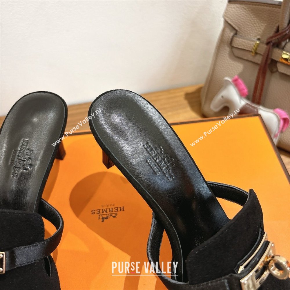 Hermes Kelly Strap Medium Heel Slides Sandal in Suede Black 2025 HS122201 (XC-251222099)